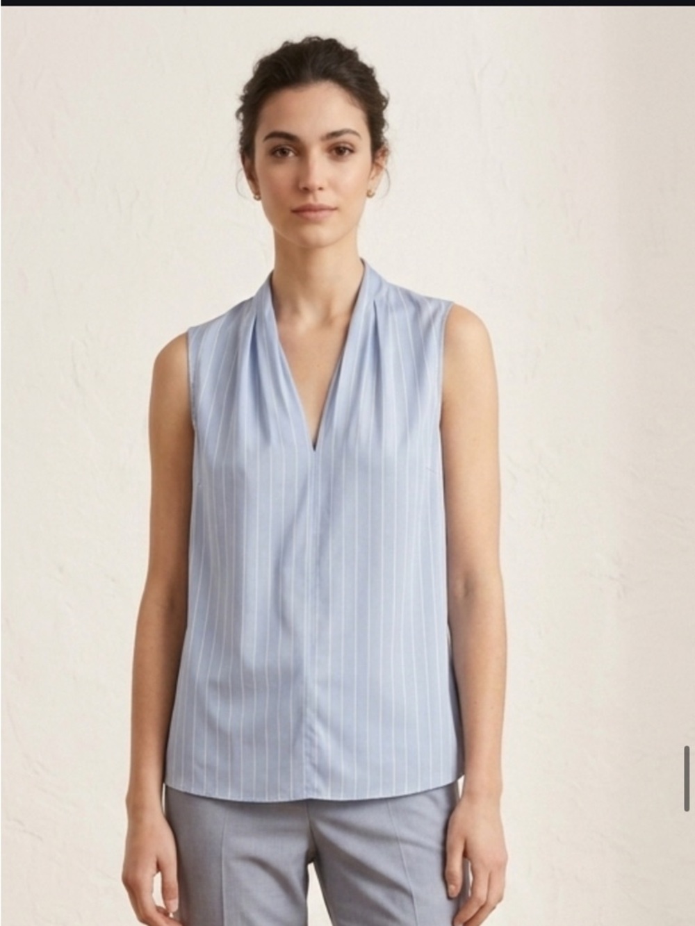 Paule Ka Paris 100% Silk Sleeveless V Neck Blue White Striped Blouse size 42